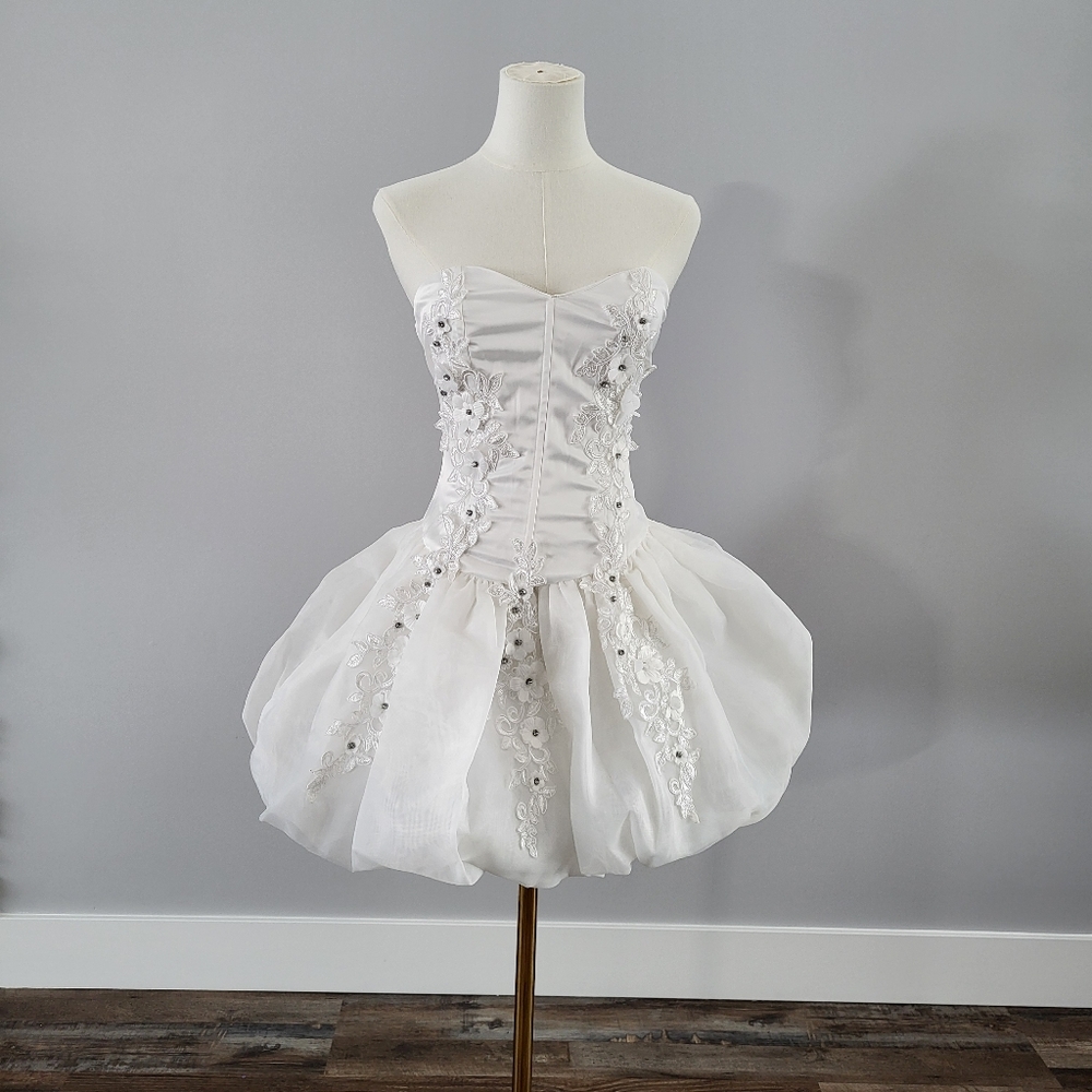 Strapless White Floral Appliqué Bubble Hem Wedding Dress